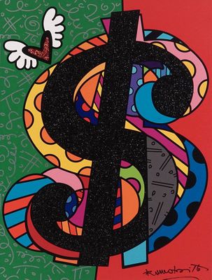 une peinture représentant le symbole du dollar sur un fond vert et rouge