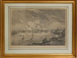 painting of a view of a harbor with boats in the water