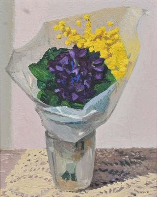 purple and yellow flowers in a vase on a doily tablecloth