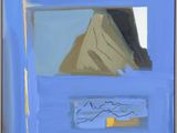 an image of a painting of a blue door with a mountain in the background