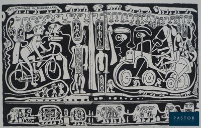 an image of a black and white drawing of people on bicycles