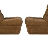 pair of mid - century modern lounge chairs in brown chenille fabric