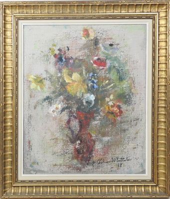 une peinture à l'huile d'un vase de fleurs dans un cadre doré