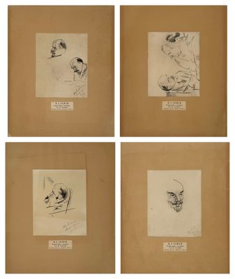 four framed drawings of a woman ' s face and a man ' s head