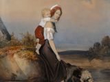 tableau représentant une femme avec un enfant et un chien au bord d'une rivière