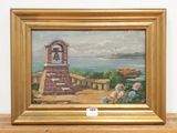 a picture of a painting of a bell tower by the water