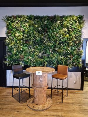deux chaises et une table devant un mur de plantes