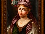 portrait of a woman in a pink turban and green dress