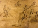 dessin représentant un groupe d'hommes à cheval dans le désert