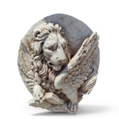 statue of a lion with wings and a shield on a white background