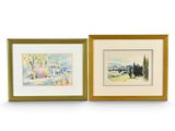 deux aquarelles représentant des arbres et une maison au loin