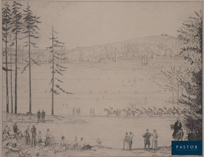 dessin représentant un groupe de personnes à cheval dans un champ