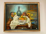 a painting of a bowl of oranges on a table