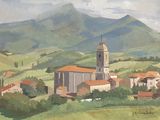 a painting of a small town in the middle of the mountains