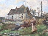an oil painting of a woman walking in a field near a house