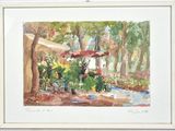 a watercolor painting of a flower shop in the woods