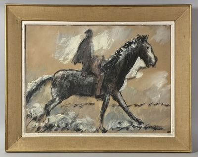 an oil painting of a horse with a rider on it ' s back