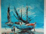 painting of a painting of a boat on a beach with a lighthouse in the background