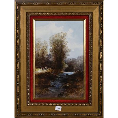 un tableau représentant un ruisseau dans un paysage boisé