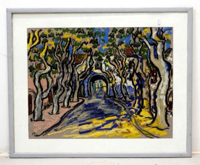 an image of a painting of trees and a road in a white frame
