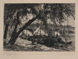 a black and white drawing of a boat on the water
