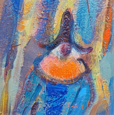 une peinture à l'huile représentant une femme en robe bleue tenant un frisbee orange