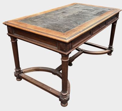 an image of a wooden table with a marble top on a white background