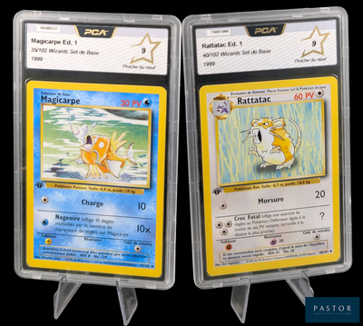 deux cartes Pokémon dans des pochettes en plastique sur un fond noir