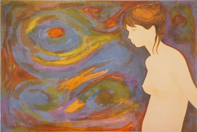 tableau représentant une femme debout devant un tableau dont le fond est formé de volutes