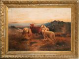 painting of a herd of sheep standing in a field with a sunset in the background