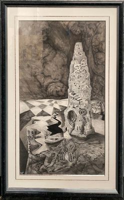 painting of a black and white picture of a vase and a rock