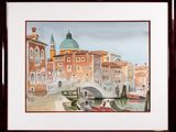 a picture of a painting of a bridge over a canal