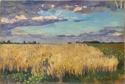 an oil painting of a field of wheat under a cloudy sky
