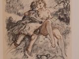 drawing of a man and a woman hugging each other in a wooded area