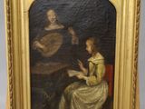 un vieux tableau représentant une femme assise à une table avec un homme jouant du luth