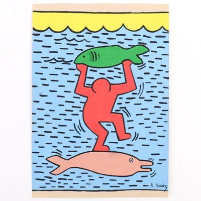 un tableau représentant un homme tenant un poisson sur le dos d'un dauphin