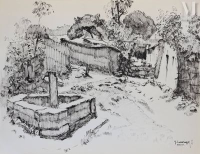 dessin représentant un jardin avec un puits au milieu