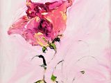 tableau représentant une rose rose avec des feuilles vertes sur un fond rose