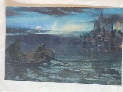 a painting of a man on a boat in the water