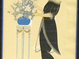 a picture of a woman holding a vase of flowers