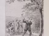 an old black and white drawing of a man swinging a bat at a ball