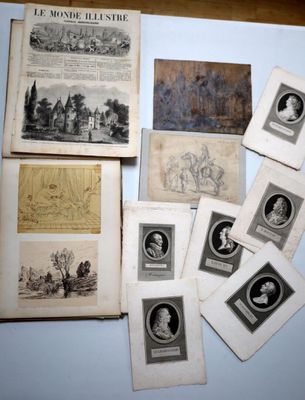 several old books with pictures of people on them sitting on a table