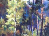 tableau représentant une scène forestière avec des arbres et des fleurs au premier plan et une montagne à l'arrière-plan
