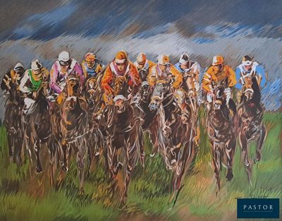 peinture d'un groupe de jockeys sur des chevaux courant sur une piste