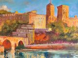 an oil painting of a castle and bridge over a river