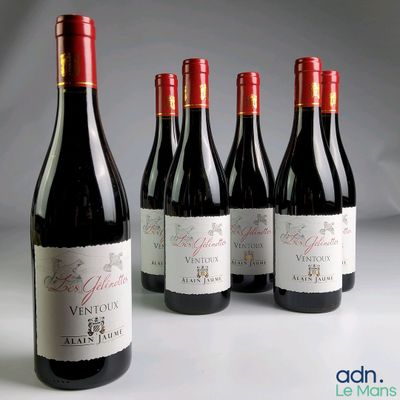 six bouteilles de vin sont alignées sur une table
