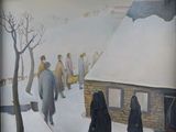 a painting of a group of people walking in the snow
