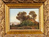 peinture d'un paysage avec des arbres et des collines en arrière-plan