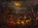 an image of a painting of a manger scene with sheep and people