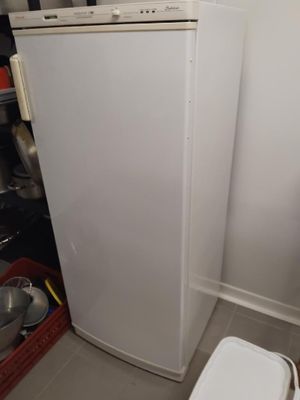 un réfrigérateur blanc et des toilettes dans une petite pièce